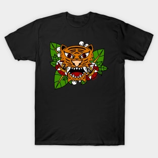 Traditional Tiger Tattoo Aesthetic With Snake Rose Stars Pattern T-Shirt